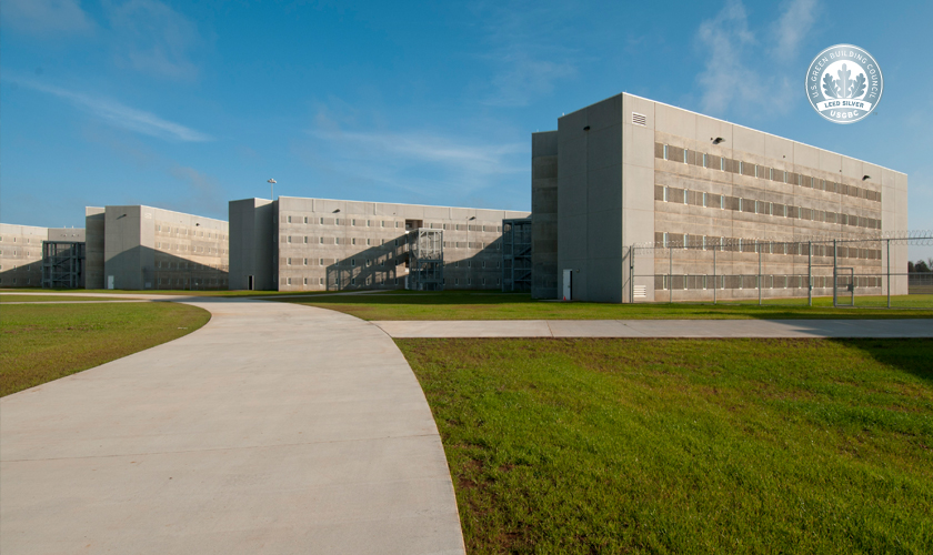 GRW provided design services for the design-build delivery of the $196 million women's medium-security Federal Correctional Institution (shown above) and minimum-security Federal Prison Camp located near Aliceville, Alabama. This complex is the Federal Bureau of Prisons' first LEED Silver facility.