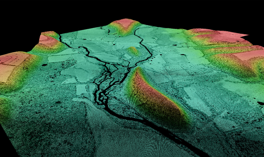 LiDAR point cloud colorized by elevation and intensity, showing only bare ground points.