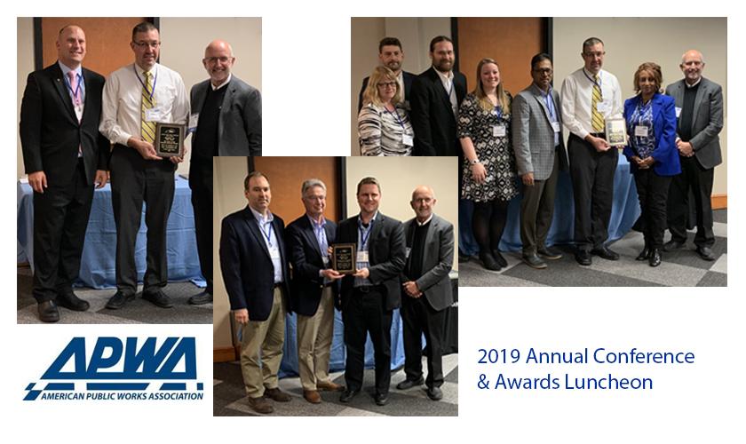 Representatives from GRW project teams and our clients, as well as Dirk Gowin, who's this year's APWA-KY Chapter President and an employee of Louisville Metro Government, were on hand to accept recognition during the Chapter's award luncheon, held as part of its annual conference in Louisville. Mr. Gowin is standing at far right in each photo. Shown (left photo): GRW's Joe Pavoni & Todd Solomon; (middle photo) GRW's Greg Kreutzjans & Warren Iulg; Daniel Menetrey (Boone County Public Works Capital Project Ma