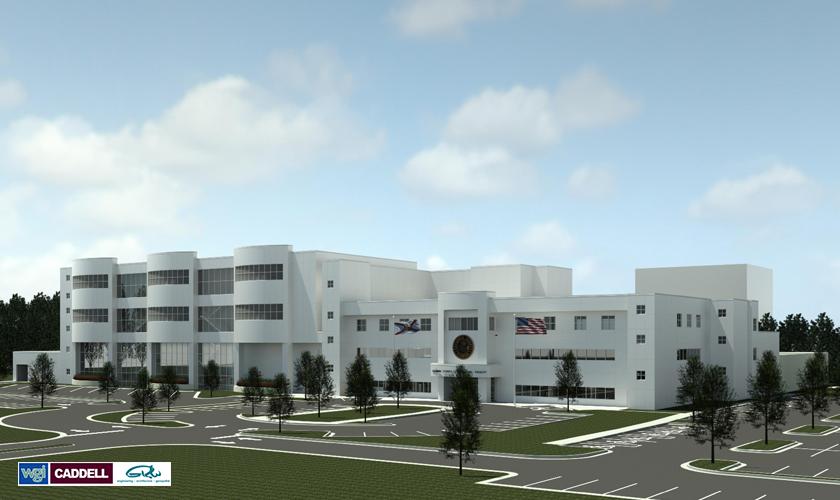 This rendering depicts the southwest view of the new, three-story, 300,000-SF, Escambia County Correctional Facility in Pensacola, FL. The approximately $130-million, two-phase, design-build project will replace the more than 600 beds lost in 2014 following a basement flood and subsequent explosion at the detention center.