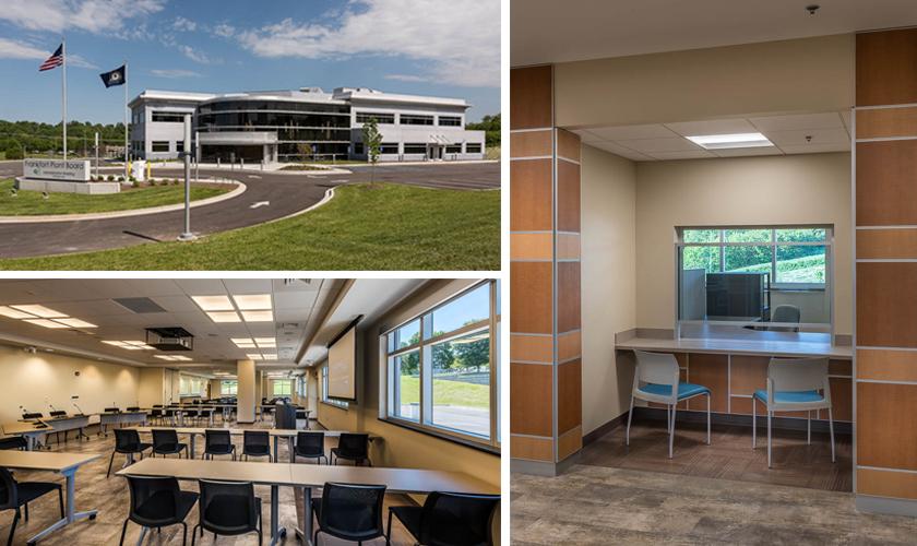 Views of the front, a customer service cubicle, and a multipurpose community/meeting room at the Frankfort Plant Board administration and customer service building on Sower Avenue in Frankfort, KY, are shown above. See more photos here.
