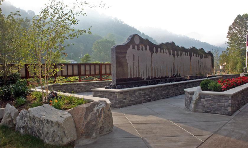 The back of the Upper Big Branch Miners Memorial is etched with the miner tributes and the history of mining in West Virginia. Other smaller tributes and memorials are located within the memorial park.