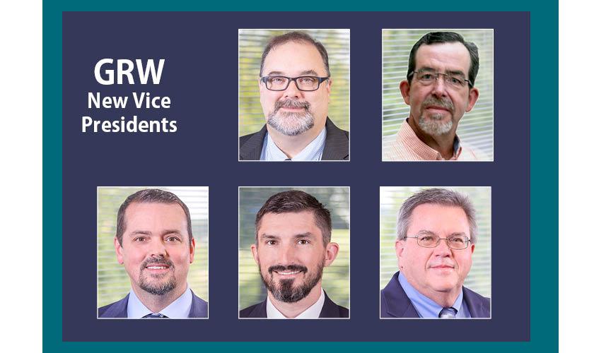 GRW's new vice presidents, clockwise from top left: Patrick Baisden, Fred Brown, Todd Cantrell, Josh Flanery, and John Slugantz.