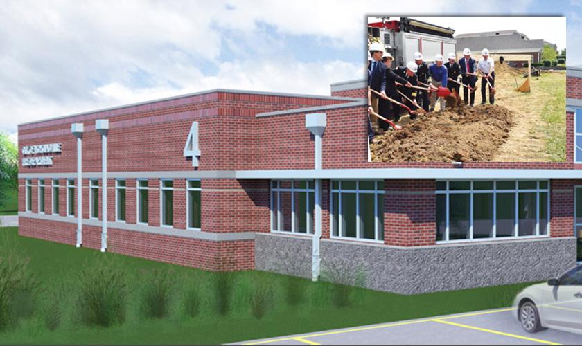 A ground breaking was held for Nicholasville, KY's newest fire station. Shown is a GRW rendering of the exterior of the 7,200 SF facility and a snapshot from the event. 